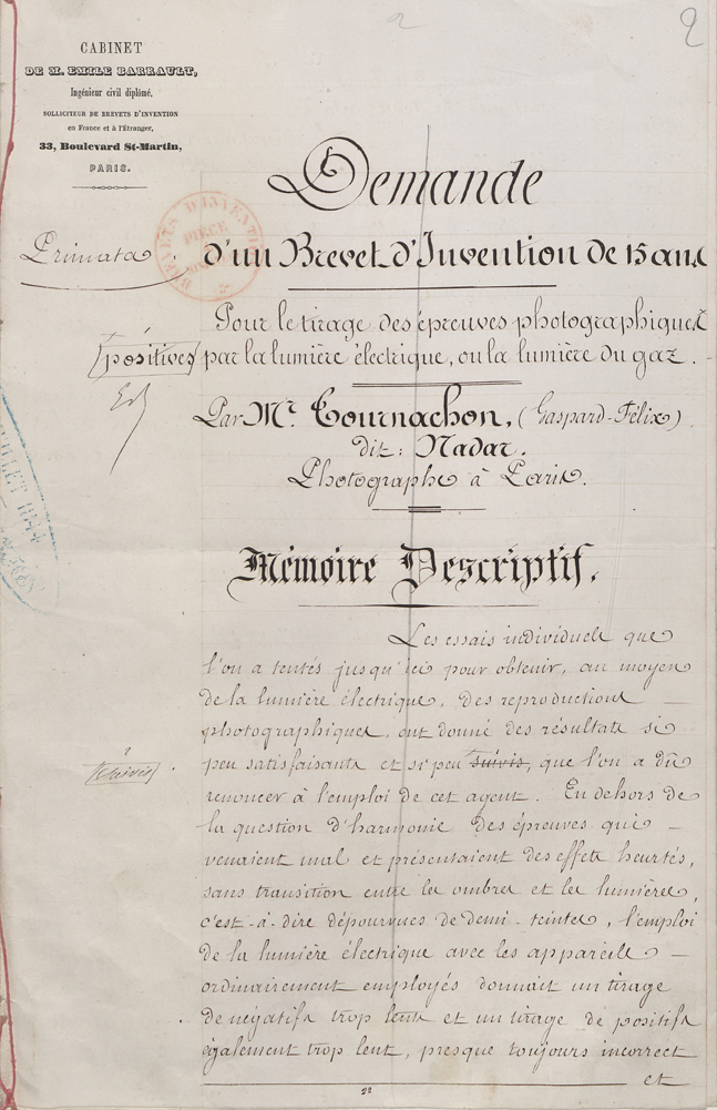 Brevet d’invention de 15 ans déposé le 4 février 1861 par Félix Tournachon dit Nadar pour le Tirage des épreuves photographiques positives, par la lumière électrique ou la lumière du gaz (1BB48442)
