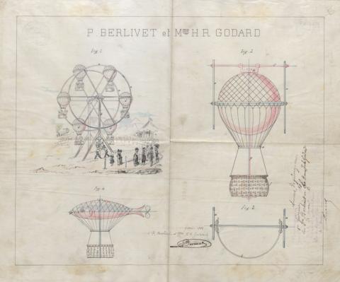 Brevet d'invention n° 140 903 déposé le 1er février 1881 par Pierre Berlivet et Honorine-Rosalie Godard	pour un	genre de bascules tournantes, montagnes russes et autres jeux analogues avec ballons