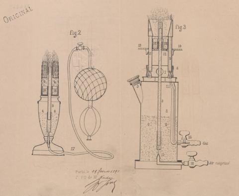 Brevet d’invention de 15 ans déposé le 19 février 1891 par Paul Nadar pour une Lampe au magnésium à feu continu ou intermittent, dite hélionocte, système Nadar (1BB211527)