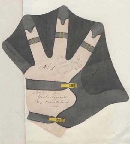 Brevet d’invention n° 6311 déposé le 8 septembre 1847 par Paul Skipor pour des gants-nageoires