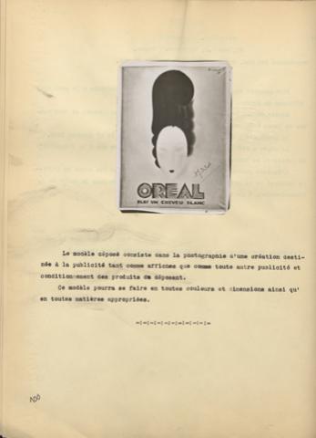 Dessin et modèle n° 17354 déposé le 27 octobre 1928 par Eugène Schueller pour une Création destinée à la publicité, affiches ou autres