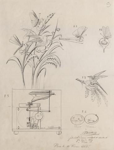 Brevet d’invention de 15 ans n° 1BB79543 déposé le 13 février 1868 par Blaise Bontems pour l’application des oiseaux et des papillons mouvants aux parures et aux coiffures de dames, etc.