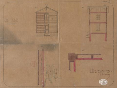 Brevet d’invention de 15 ans n° 1BB63000 déposé le 11 mai 1864 par la société Déodor et Jousse pour un mode de construction architecturale dit Cottage