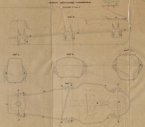 Brevet d'invention n° 9580 déposé le 25 février 1850 par Almond-Dunbar Fisk pour un cercueil métallique perfectionné imperméable à l'air (1BB9580, archives INPI)