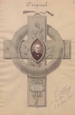 Brevet d'invention n° 146702 déposé le 5 janvier 1882 par Émile Olive pour un cadre funéraire pour photographie (1BB146702, archives INPI)